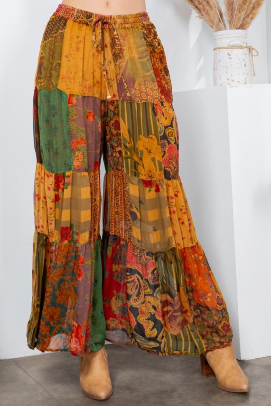 Young Threads Camel Brown Patchwork Flare Pants XL NWT - Autumn Boho